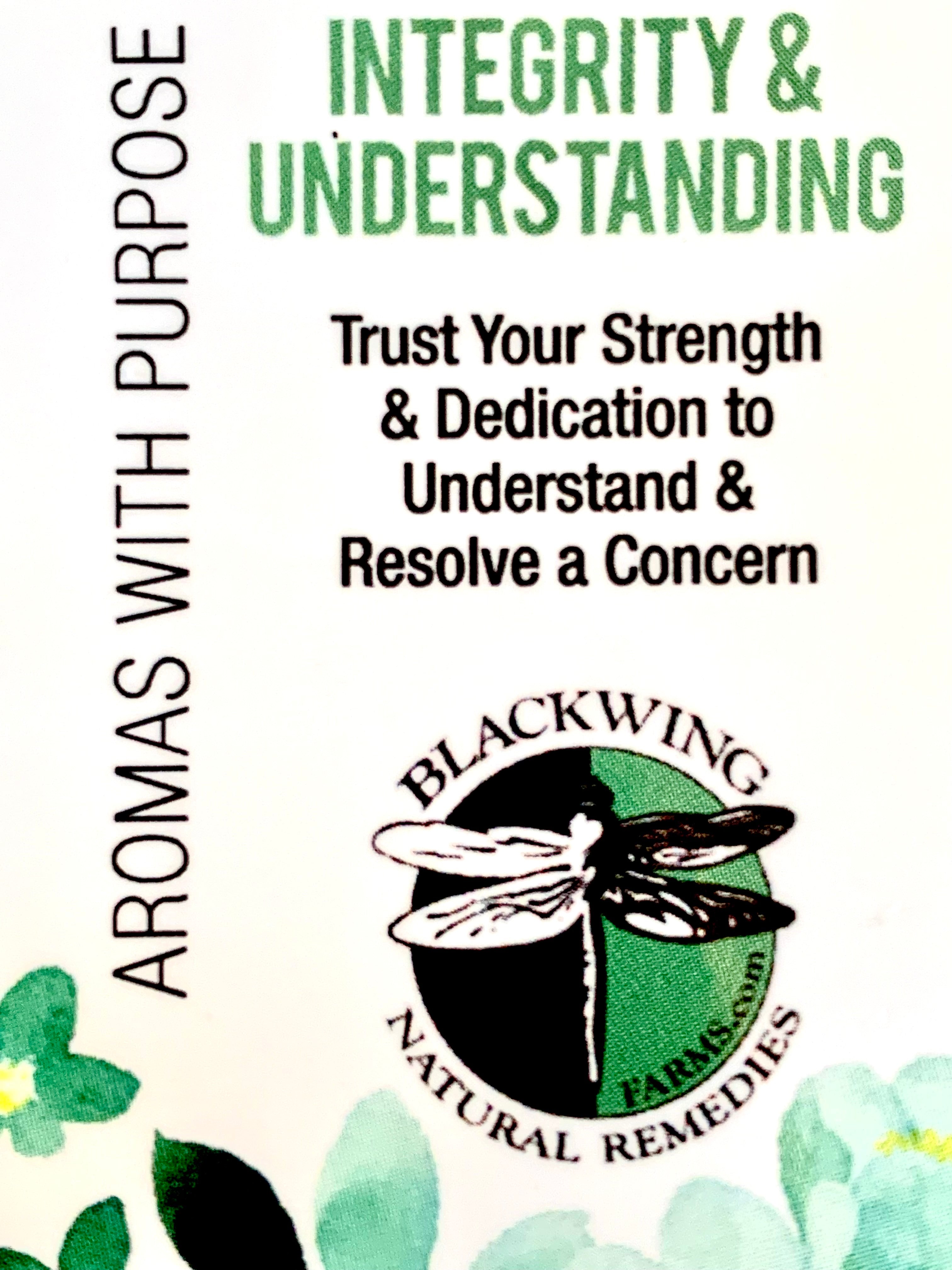 Label of Integrity and Understanding Spray Bottle of Sage + Blue Tansy essential oils with complimenting Flower Essences to create "Liquid Smudge"