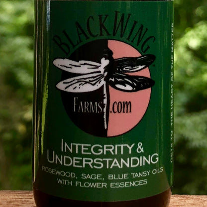 Label of Integrity and Understanding Spray Bottle of Sage + Blue Tansy essential oils with complimenting Flower Essences to create &quot;Liquid Smudge&quot;