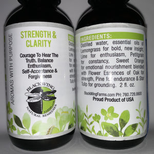 BlackWing Farms' Label for Strength & Clarity Lemongrass Essential Oil + Flower Essences Blend for Pick Me Up and Focus