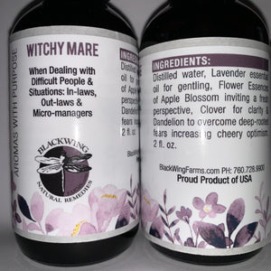 BlackWing Farms' WITCHY MARE Label - Lavender Essential Oils + Flower Essences Spray for Self Help + Dealing With Difficult People