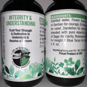 Label of Integrity and Understanding Spray Bottle of Sage + Blue Tansy essential oils with complimenting Flower Essences to create "Liquid Smudge"